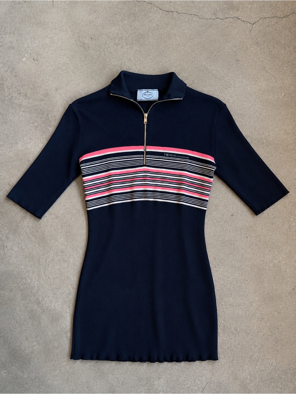 Prada Navy Short-Sleeve Half-Zip Polo with Pink & White Stripes